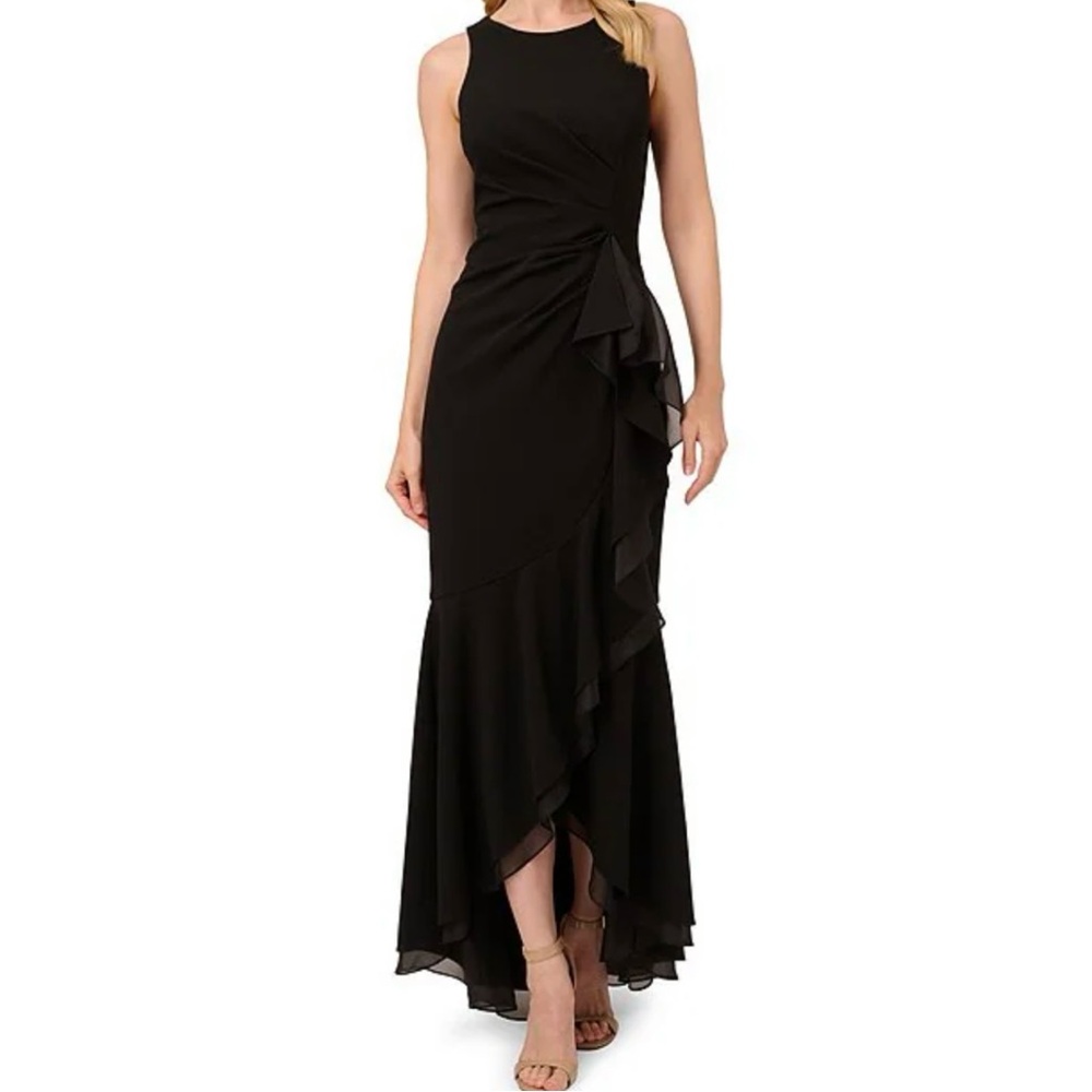 Adrianna Papell Elegant Black Ruffle Gown